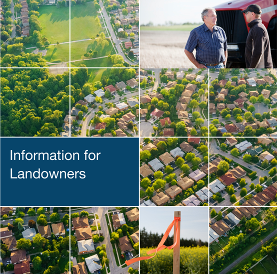 Cover image: Administrative Monetary Penalties: Information for Landowners &ndash; Two men are chatting in front of a combine &ndash and a surveyor’s stake is superimposed over an aerial photo of farmland