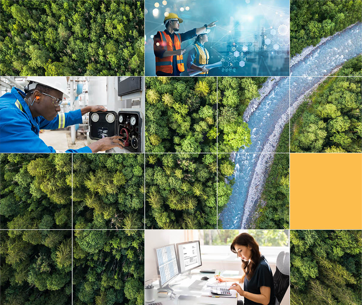 The first line is an image of two construction workers wearing hard hats. One is pointing and holding a clipboard and the other is holding a rolled-up piece of paper. Below them, a construction worker is sitting down, fixing a piece of equipment. The last picture at the bottom of the image is a lady typing at her computer. All the pictures are surrounded by an aerial view of a forest and a highway.