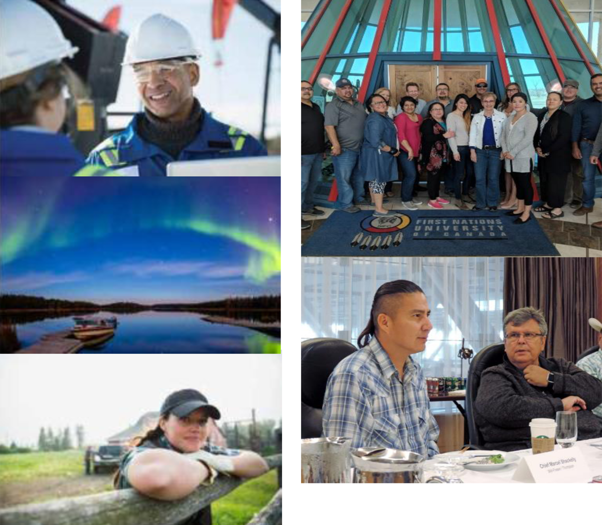 Left top &ndash; Two people talking; Left middle &ndash; Northern lights; Left bottom &ndash; Person in a field; Right top &ndash; People posting for a group photo; Right bottom &ndash; Two persons sitting at a table