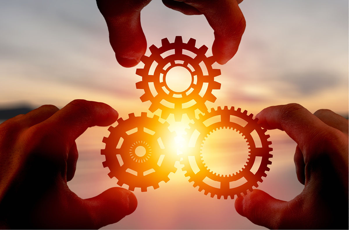 An image of three hands holding cogs that all fit together.