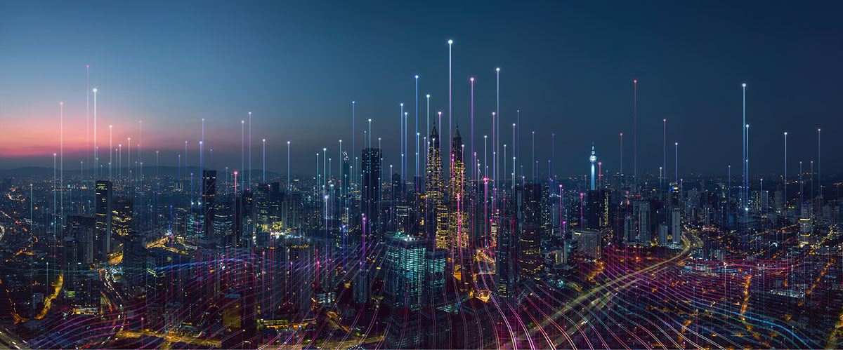 La ville intelligente et le point de point abstrait se connectent avec la ligne de gradient et l’esthétique &ndash; Conception complexe de lignes d’ondes, concept de technologie de connexion Grandes Données