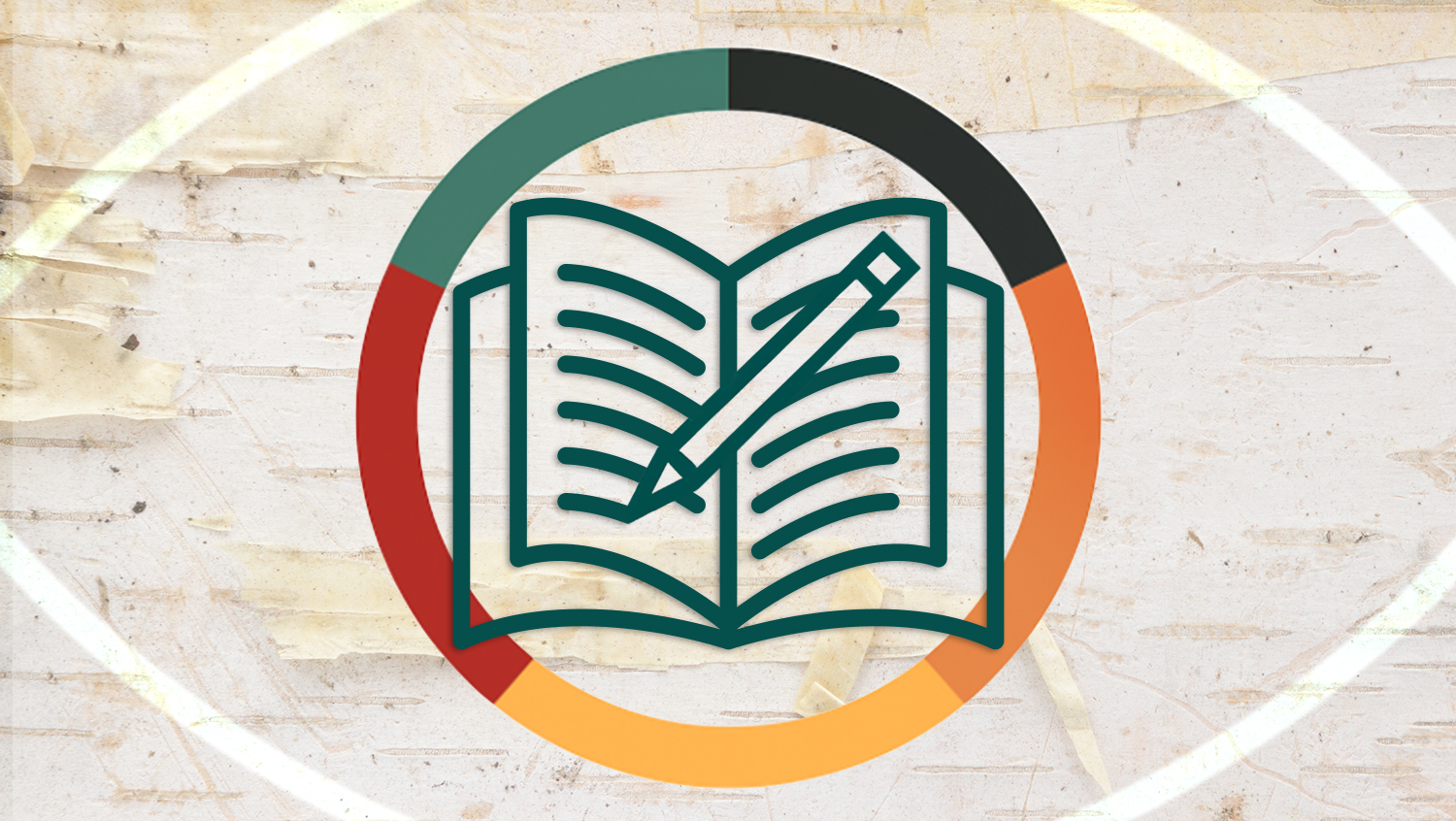 Open book icon with a pencil, representing the Indigenous Advisory Committee Terms of Reference, inside a colorful ring on a birchbark background.