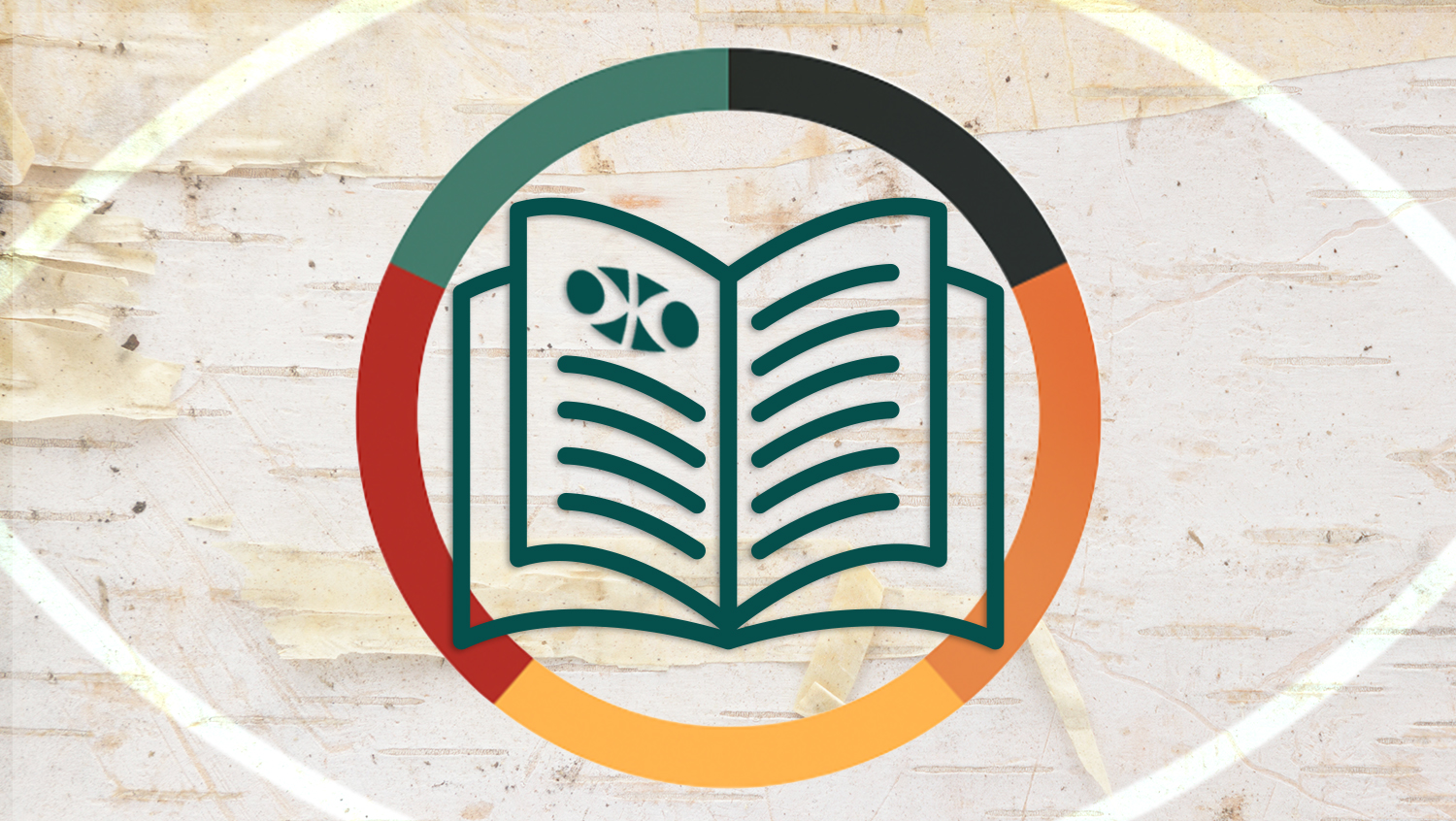 Open book icon with the Indigenous Advisory Committee logo, representing meeting summaries and minutes, inside a colorful ring on a birchbark background. 