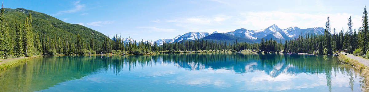 A mountain lake surrounded by green trees in the summer