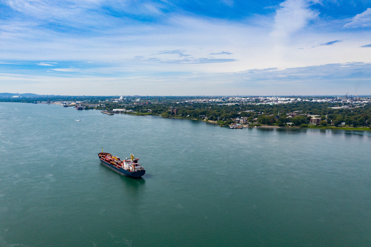 Chemical and oil products tanker anchored at the Port of Montreal in the St. Lawrence River.