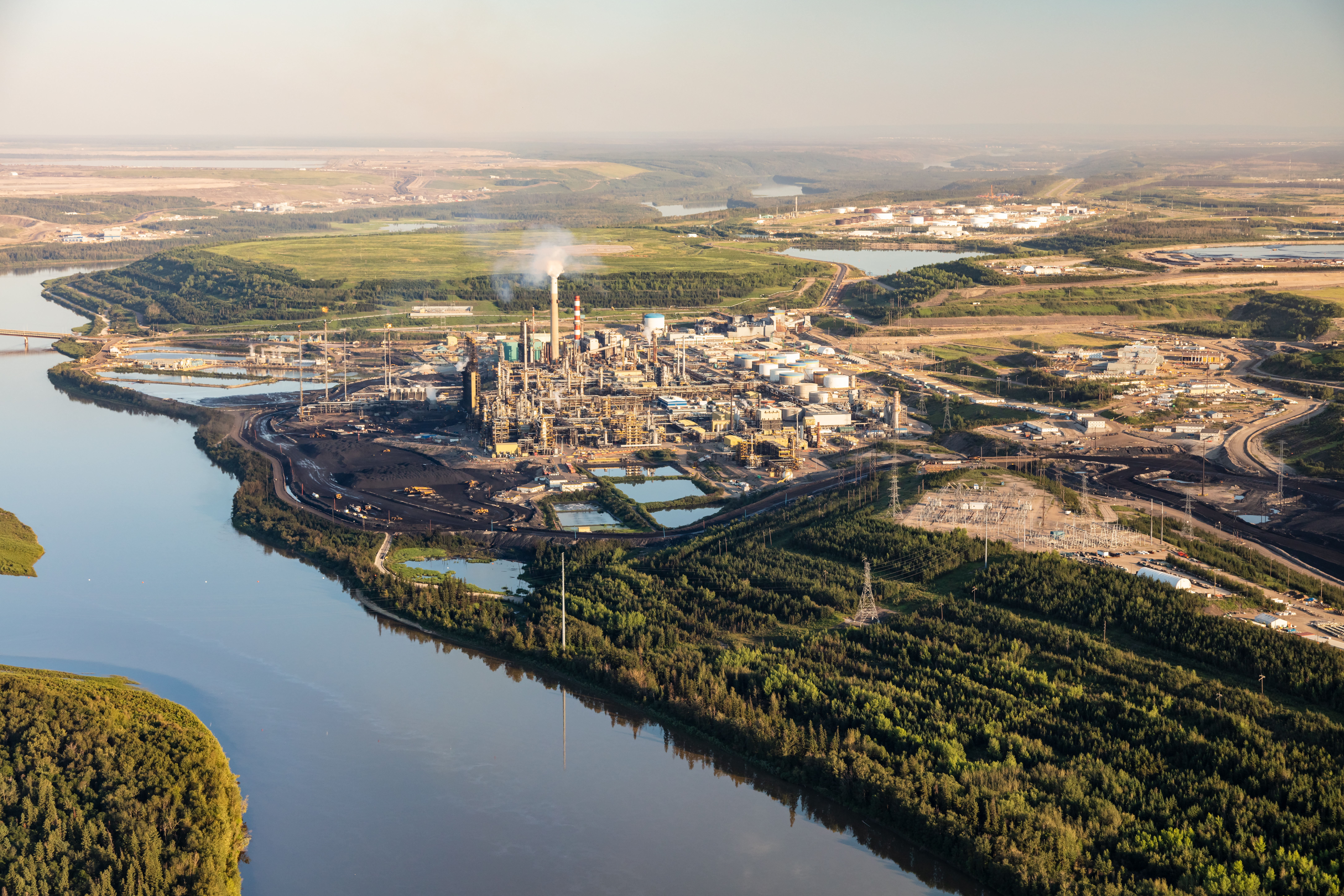 Aerial view of industrial petrochemical oil refinery in Fort McMurray, Alberta. 