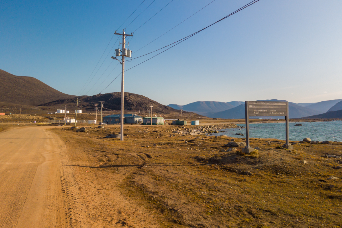 Golden hour in the airport of Inuit community of Qikiqtarjuaq, Broughton Island, Nunavut, Canada. Settlement in the far north. Arctic community.