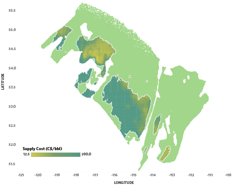 Figure A1. Map of the Duvernay Shale’s crude oil supply costs at 2017 well costs and with the natural gas price constant at C$2.50/GJ.
