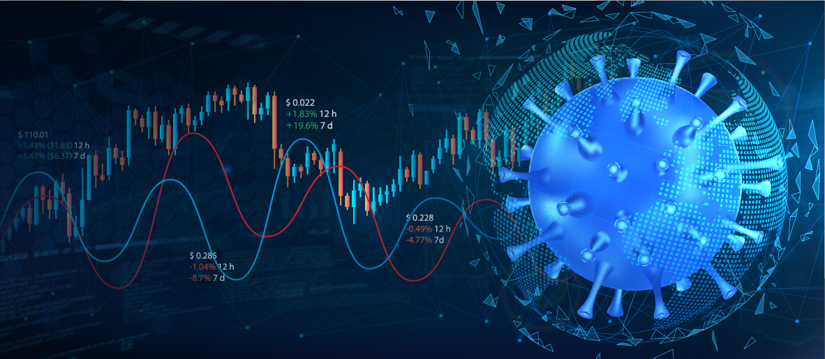 COVID-19 virus particle followed by line and bar charts representing market crash.