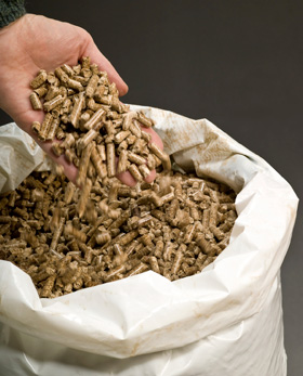 Main qui laisse glisser des boulettes de biocombustible dans un grand sac
