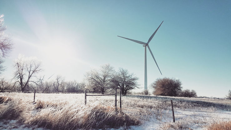 Éolienne dans la campagne avec neige au sol et arbres couverts de frimas