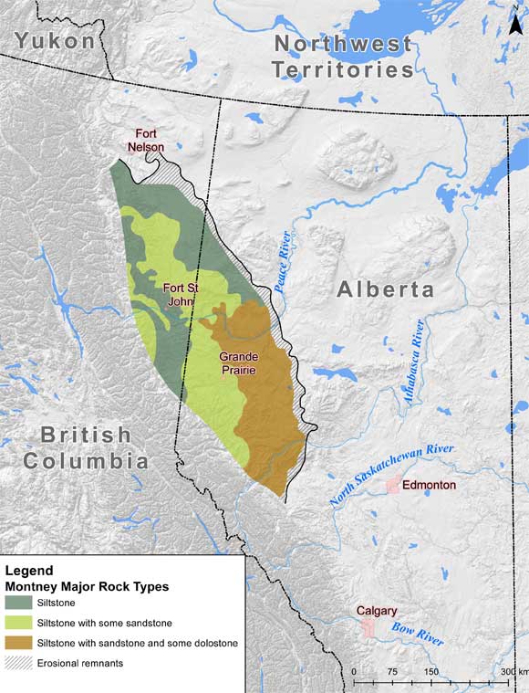 Figure&nbsp;1. Generalized map showing the location of the Montney Formation in the subsurface of Alberta and British Columbia. Modified from the Geological Atlas of the Western Canada Sedimentary Basin