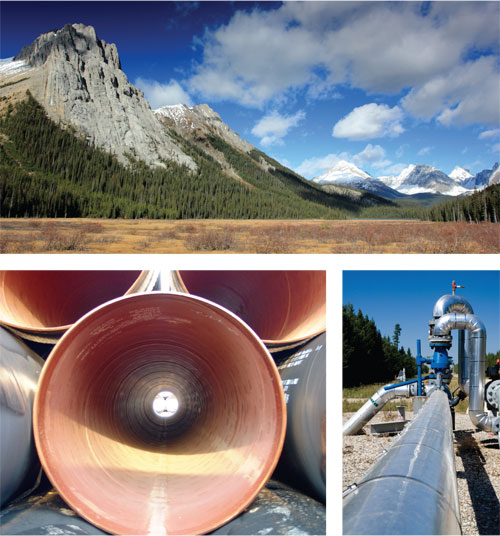 En haut : Commonwealth Peak à Kananaskis Country, en bas à gauche : vue de coupe transversale d’un tuyau vide, en bas à droite : vanne de canalisation au-dessus du sol