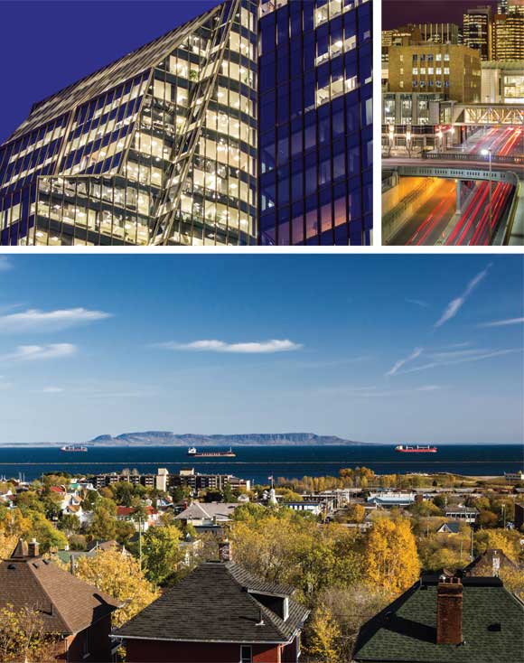 Photos : En haut à gauche: Tours de bureaux éclairées; En haut à droite : Feux arrière de voitures sur un passage inférieur d'un centre-ville; En bas : Vue du parc provincial « Sleeping Giant » et du lac Supérieur depuis Thunder Bay, en automne.