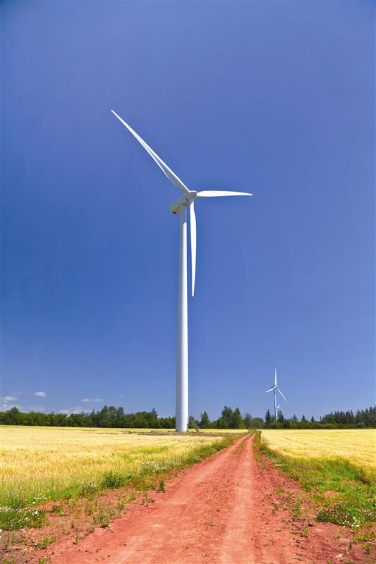 Éolienne blanche sous un ciel bleu, dans un champ, avec une route de gravier rouge, à l’Île-du-Prince-Édouard.
