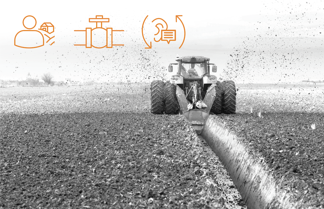 Icônes&nbsp;: une personne du monde agricole, pipeline et étapes de la prévention des dommages et tracteur à roues doubles faisant un canal de drainage avec une creuseuse de fossés