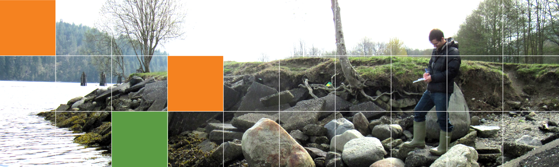 Banner showing a man standing by medium sized rocks surrounded by water while taking notes on a clipboard