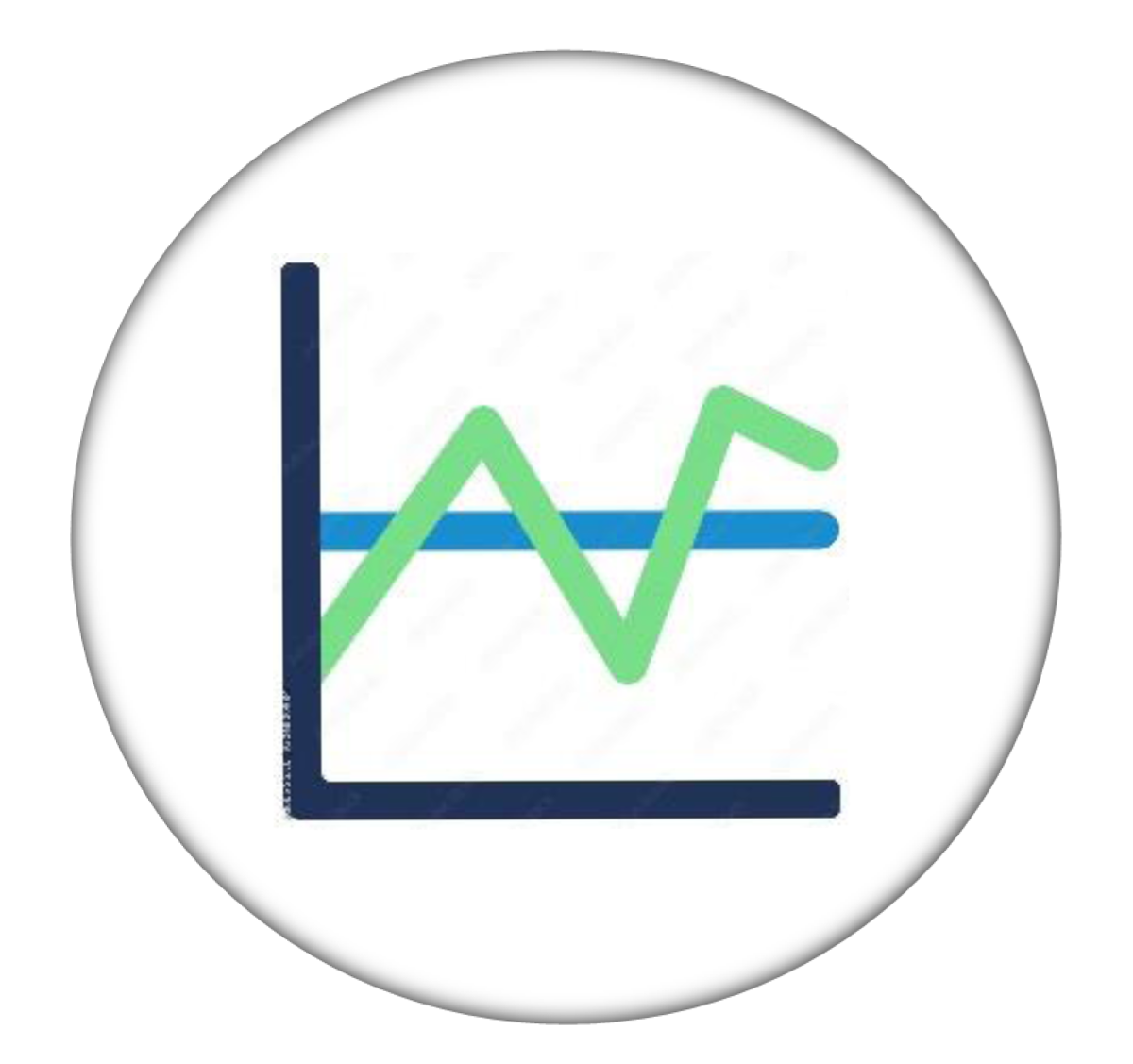 A graph is displayed on a white circle with a straight, horizontal blue line (representing work as imagined) behind a zigzagging green line (representing work as done).