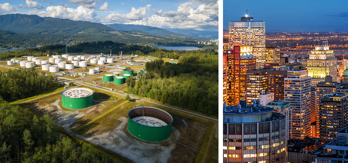 À gauche&nbsp;: vue aérienne de la raffinerie de pétrole à Port Moody, à Vancouver, en Colombie-Britannique, au Canada et à droite: Montréal illuminée au crépuscule
