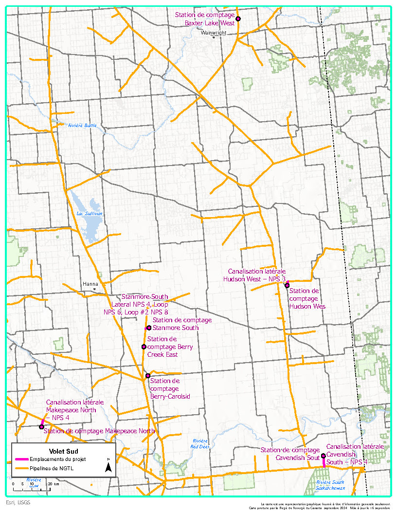 Carte Volet Sud &ndash; Programme de cessation d’exploitation de stations de comptage et de canalisations latérales de 2024 de NGTL GP