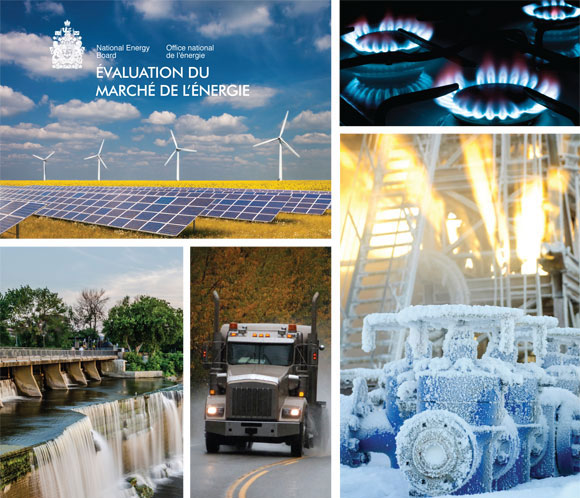 Photos : en haut à gauche : Éoliennes et panneaux solaires dans un champ de canola; en bas à gauche : Barrage hydroélectrique aux chutes Rideau en été; en bas au centre : Camion de livraison sur la route un jour de pluie d’automne; en haut à droite : Cuisinière au gaz naturel tous feux allumés; en bas à droite : Vannes givrées d’appareils de forage ciblant du pétrole.