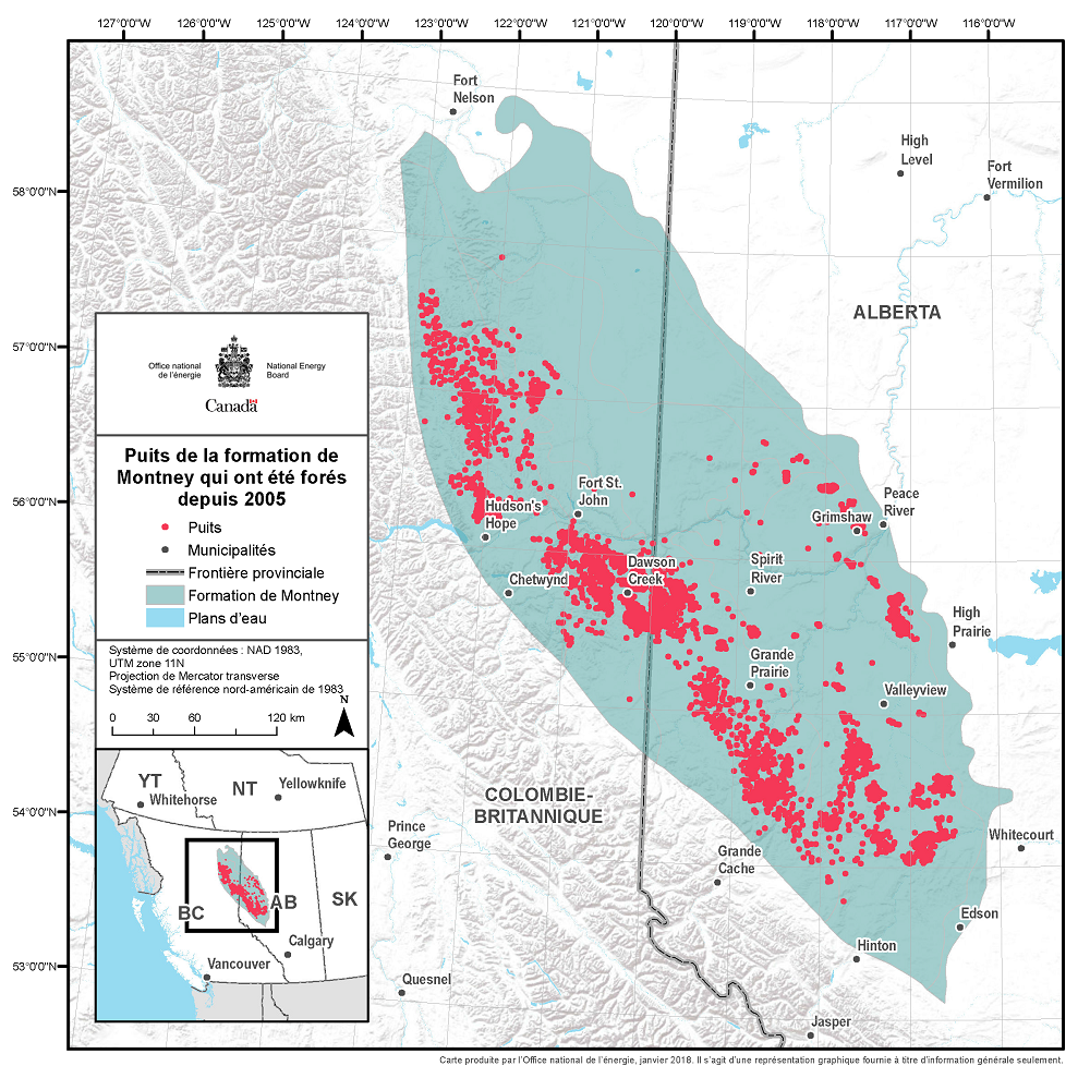 Cette carte situe la formation de Montney, une ceinture large de 200 kilomètres qui s’étend du sud-est au nord-ouest, d’Edson et de Hinton, en Alberta, jusqu’à Fort Nelson, en Colombie Britannique.