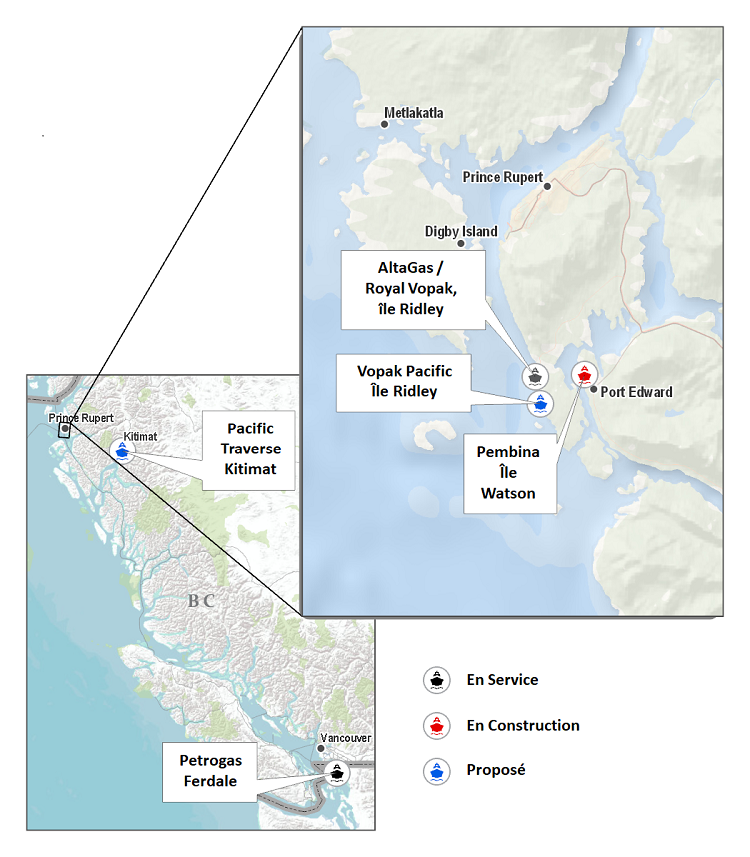 Figure&nbsp;1&nbsp;: Terminaux portuaires d’exportation de propane proposés en Colombie-Britannique